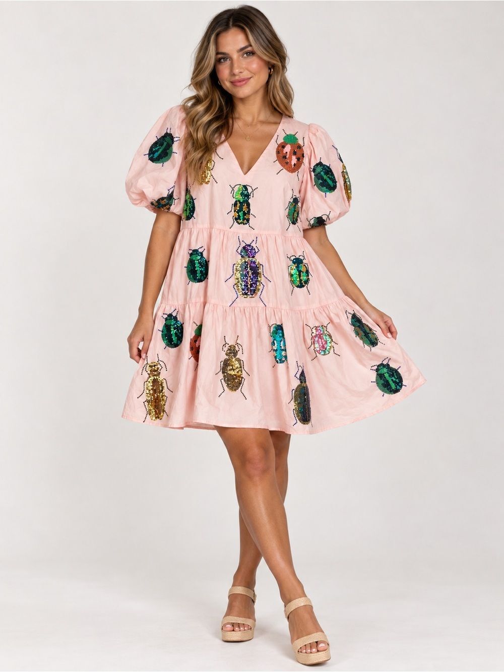 Queen of Sparkles Pink Sequin Embellished Beetles Tiered Mini Dress Size XS